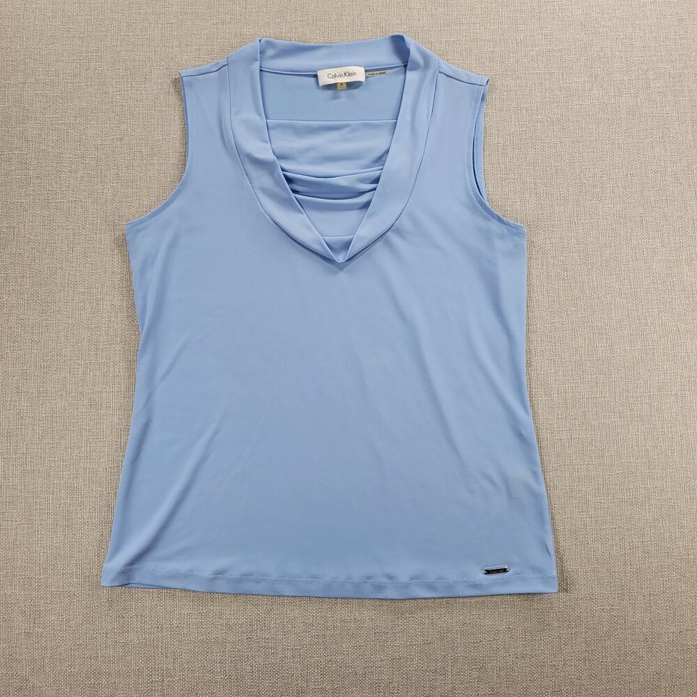Calvin Klein Womens Blouse Top Size S Powder Blue Drape Cowl Neck Stretch Tank
